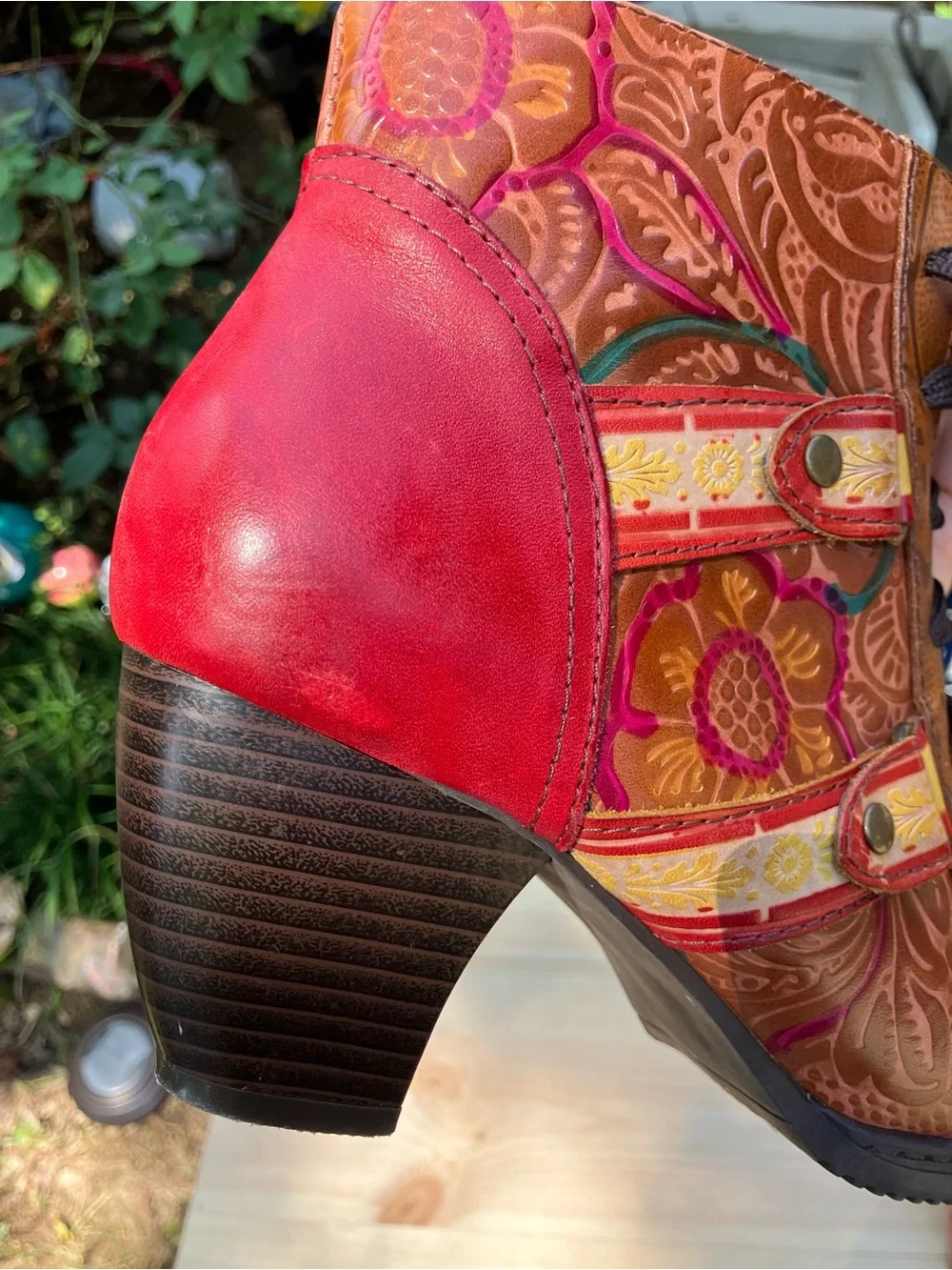 Women's Floral Embossed Red & Brown Lace-Up Ankle Booties size US 7.5-8